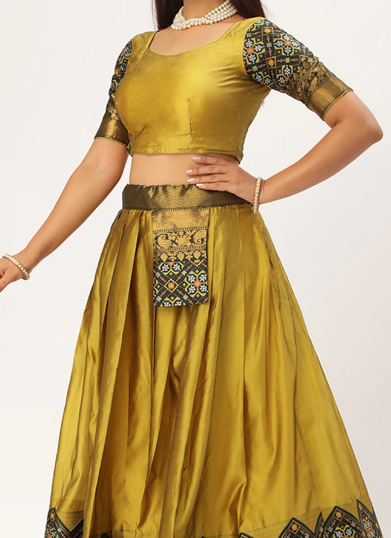 Green Art Silk Benarasi Jacquard A Line Lehenga Festive Wear 1 Green Art Silk Benarasi Jacquard A Line Lehenga Festive Wear