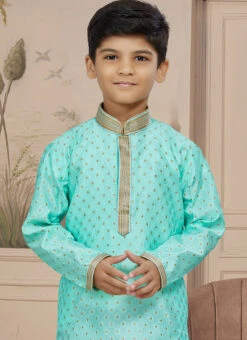 Green Art Silk Embroidered Kurta Pyjama For Boys Festive Wear -C Bazaar Shop green art silk embroidered kurta pyjama for boys kdbmsgr749 b