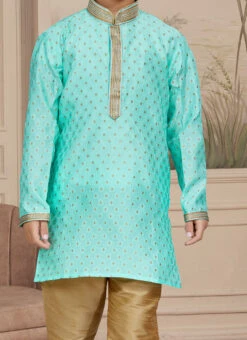 Green Art Silk Embroidered Kurta Pyjama For Boys Festive Wear