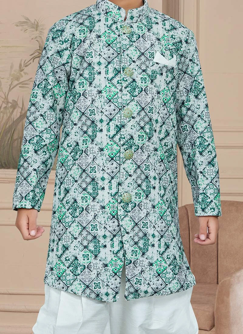 Green Art Silk Embroidered Sherwani For Boys Festive Wear 1 Green Art Silk Embroidered Sherwani For Boys Festive Wear