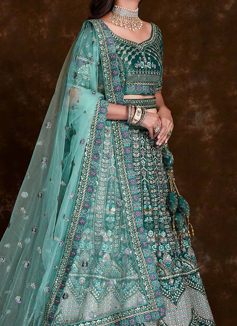 Green Art Silk Embroidered Stones Umbrella Lehenga Wedding Wear 1 Green Art Silk Embroidered Stones Umbrella Lehenga Wedding Wear