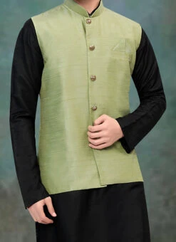 Green Art Silk Nehru Jacket