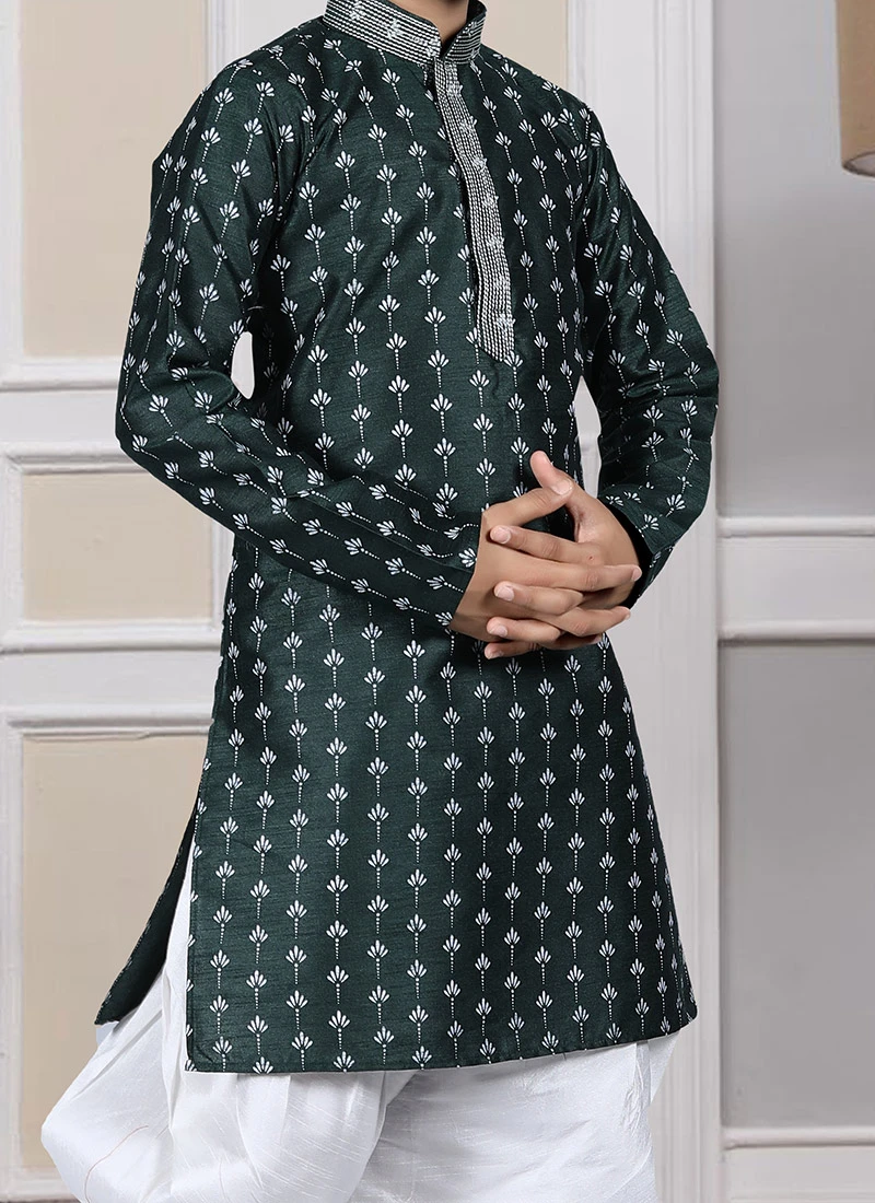 Green Art Silk Printed Kurta Pyjama Party Wear 1 Green Art Silk Printed Kurta Pyjama Party Wear