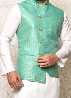 Green Art Silk Printed Nehru Jacket