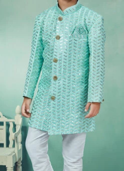 Green Art Silk Sequins Indowestern Sherwani Party Wear