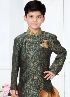 Green Banarasi Jacquard Silk Boys Indowestern Sherwani Party Wear -C Bazaar Shop green banarasi jacquard silk boys indowestern sherwani kdbmsgr501 b