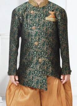 Green Banarasi Jacquard Silk Boys Indowestern Sherwani Party Wear