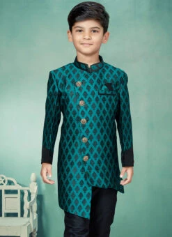 Green Banarasi Silk Jacquard Indowestern Sherwani Party Wear -C Bazaar Shop green banarasi silk jacquard indowestern sherwani kdbmsgrk532 b