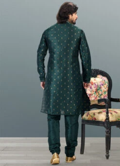 Green Banarasi Silk Jacquard Work Kurta Pyjama Party Wear -C Bazaar Shop green banarasi silk jacquard work kurta pyjama kpmsc2058 b