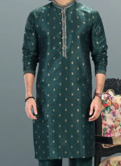 Green Banarasi Silk Jacquard Work Kurta Pyjama Party Wear