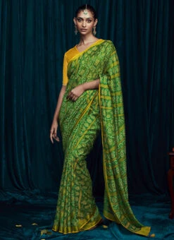 Green Brasso Printed Sari Party Wear 6 Green Brasso Printed Sari Party Wear -C Bazaar Shop green brasso printed sari sasli211616083 u