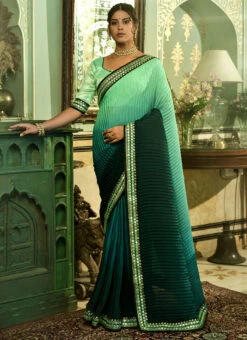 Green Chinon Mirror Embroidery Work Saree Party Wear -C Bazaar Shop green chinon mirror embroidery work saree sasacu7608 u