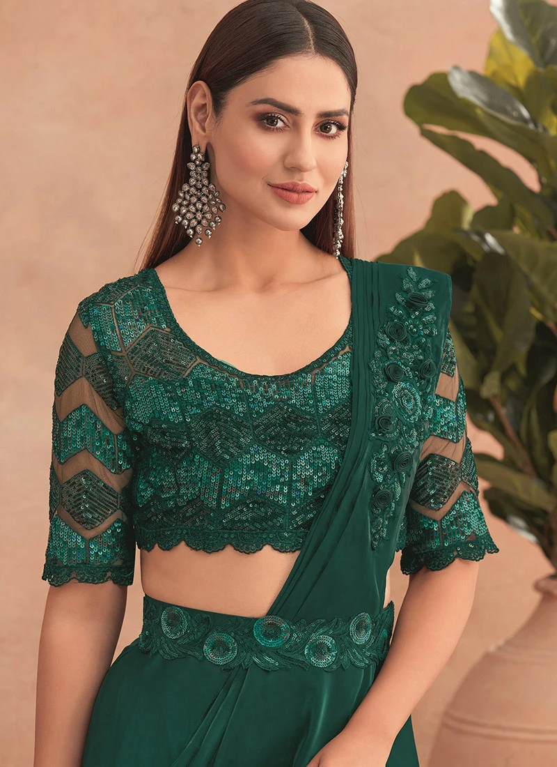 Green Chinon Silk Embroidered Ready Pleated Saree Party Wear 4 Green Chinon Silk Embroidered Ready Pleated Saree Party Wear - Image 4