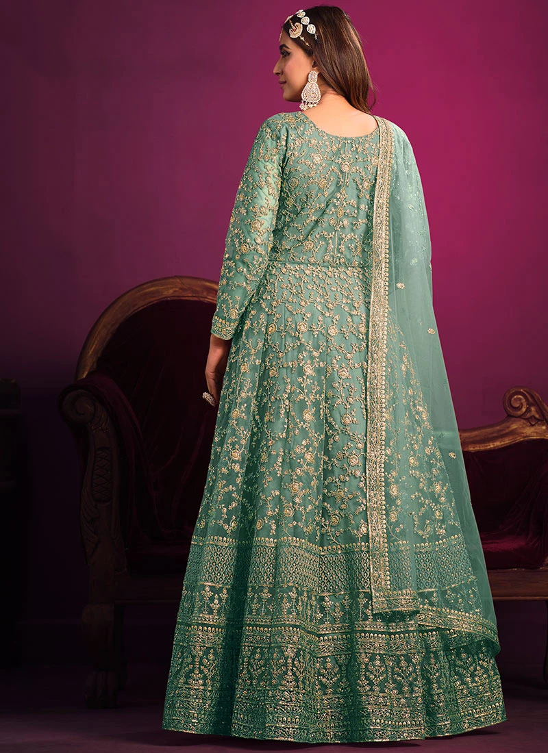 Green Net Embroidered Anarkali Suit Party Wear 4 Green Net Embroidered Anarkali Suit Party Wear - Image 4