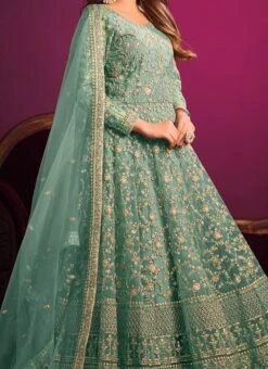Green Net Embroidered Anarkali Suit Party Wear