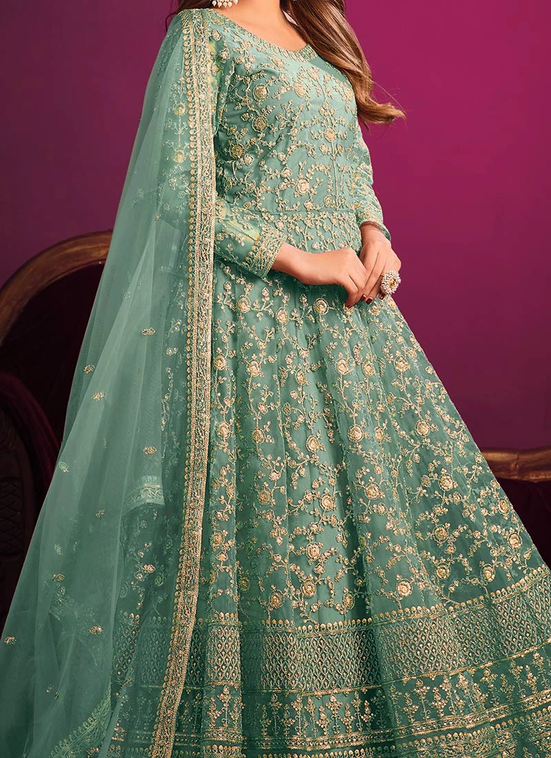 Green Net Embroidered Anarkali Suit Party Wear 1 Green Net Embroidered Anarkali Suit Party Wear