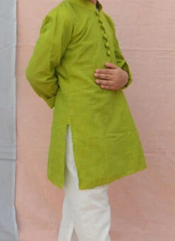 Green Cotton Solid Kurta Pyjama Festive Wear