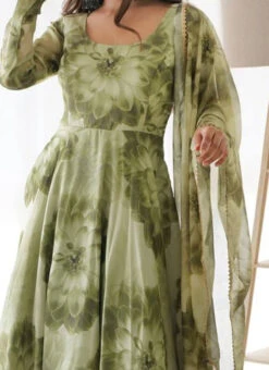 Green Digital Print Organza Anarkali Suit After Six Wear