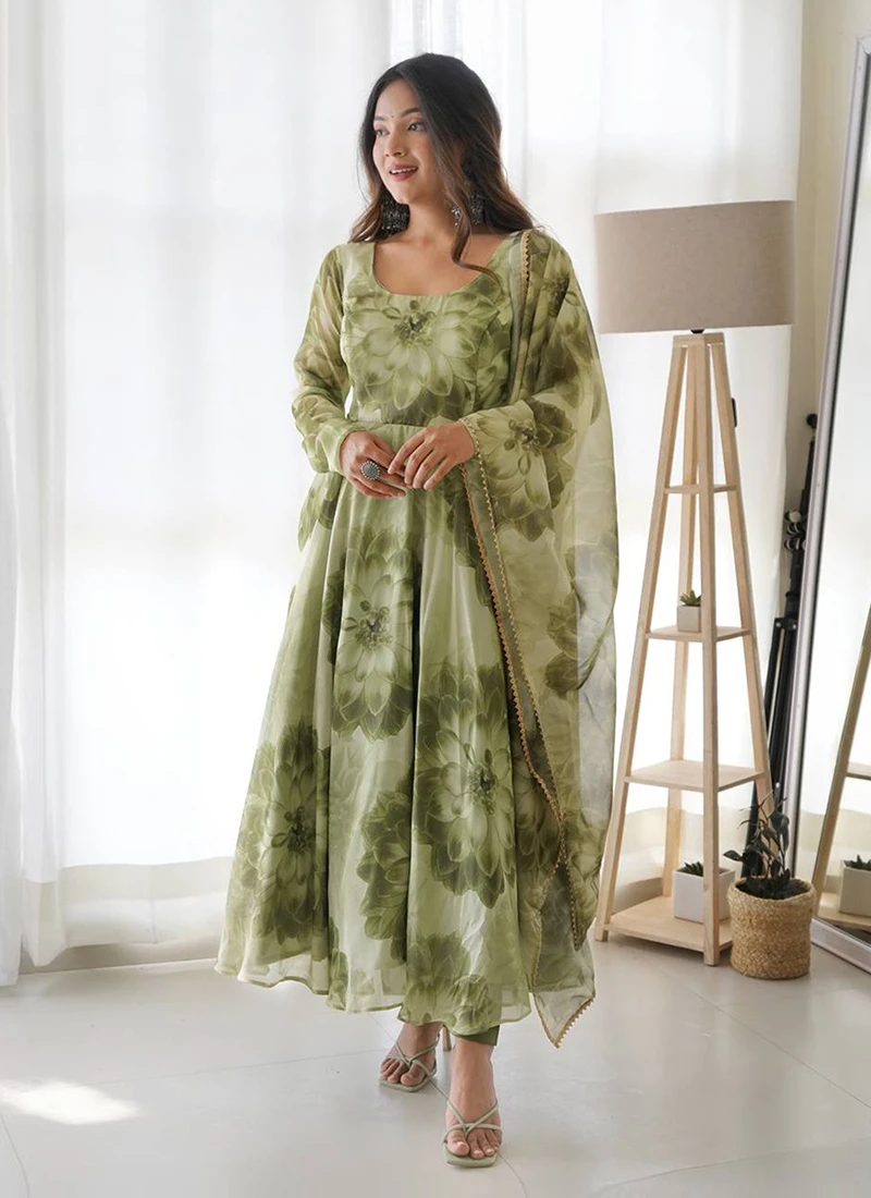 Green Digital Print Organza Anarkali Suit After Six Wear 3 Green Digital Print Organza Anarkali Suit After Six Wear - Image 3