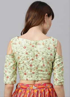 Green Embroidered Cold Shoulder Blouse Festive Wear -C Bazaar Shop green embroidered cold shoulder blouse BLBS02305277 b