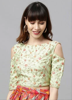 Green Embroidered Cold Shoulder Blouse Festive Wear -C Bazaar Shop green embroidered cold shoulder blouse BLBS02305277 u
