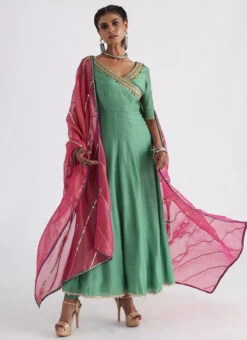 Green Embroidery Tafette Gown Wedding Wear -C Bazaar Shop green embroidery tafette gown slksaad347 u
