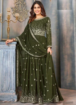 Green Faux Georgette Embroidered Anarkali Suit Party Wear -C Bazaar Shop green faux georgette embroidered anarkali suit slsrf26962 u