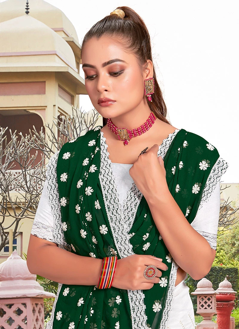 Green Faux Georgette Embroidered Half And Half Saree Party Wear 4 Green Faux Georgette Embroidered Half And Half Saree Party Wear - Image 4