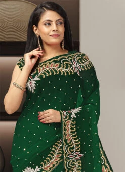 Green Faux Georgette Hand Work Saree Party Wear -C Bazaar Shop green faux georgette hand work saree sadsf7327 b