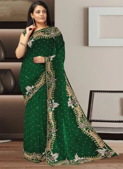 Green Faux Georgette Hand Work Saree Party Wear -C Bazaar Shop green faux georgette hand work saree sadsf7327 u