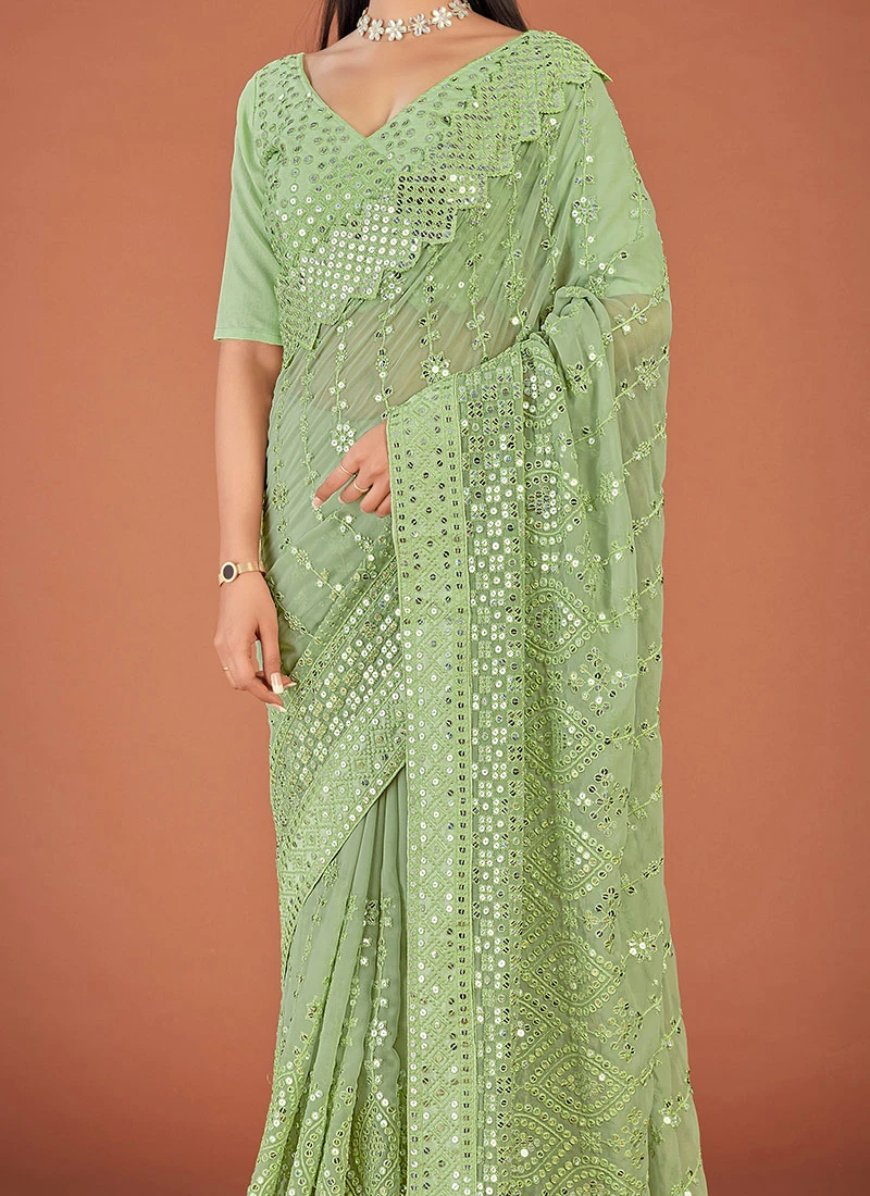 Green Georgette Embroidered Work Saree Party Wear 1 Green Georgette Embroidered Work Saree Party Wear