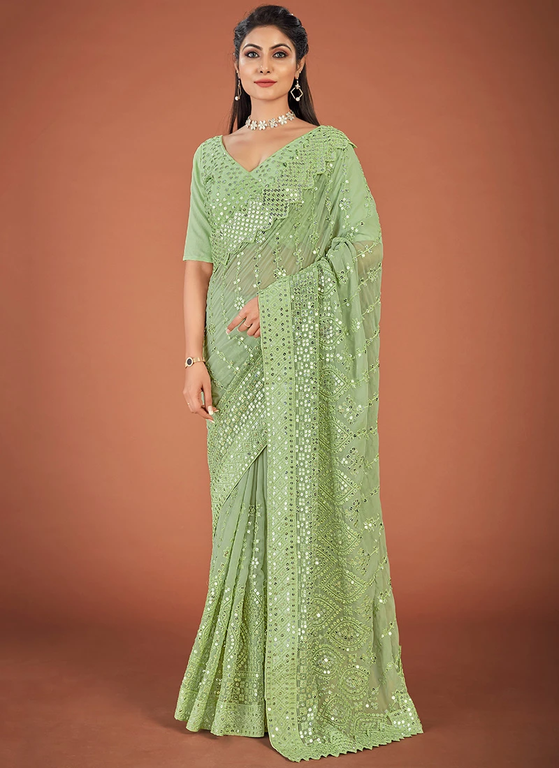 Green Georgette Embroidered Work Saree Party Wear 3 Green Georgette Embroidered Work Saree Party Wear - Image 3