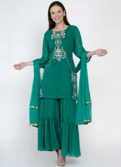 Green Georgette Kurta Sharara Set Party Wear -C Bazaar Shop green georgette kurta sharara set slsdrnr482 u