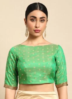 Green Jacquard Boat Neck Blouse Festive Wear -C Bazaar Shop green jacquard boat neck blouse BLBS02306314 u