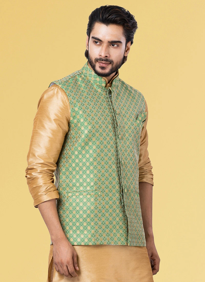 Green Jacquard Silk Nehru Jacket 3 Green Jacquard Silk Nehru Jacket - Image 3