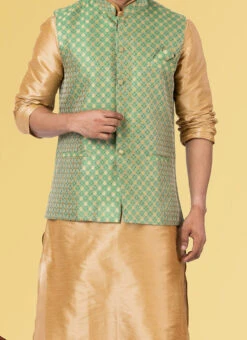 Green Jacquard Silk Nehru Jacket