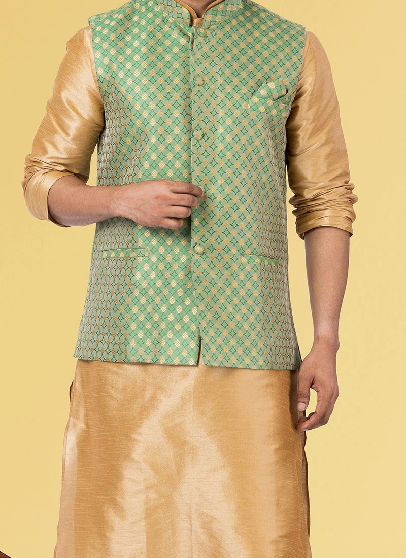 Green Jacquard Silk Nehru Jacket 1 Green Jacquard Silk Nehru Jacket