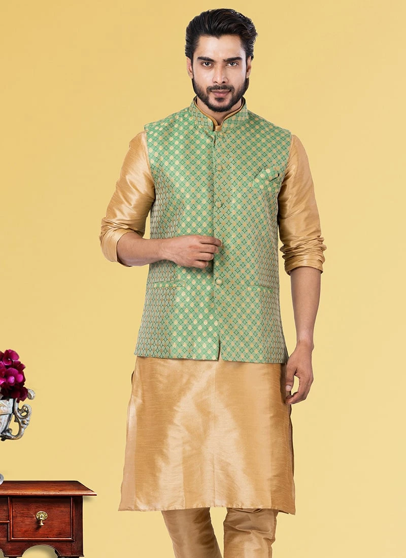 Green Jacquard Silk Nehru Jacket 2 Green Jacquard Silk Nehru Jacket - Image 2