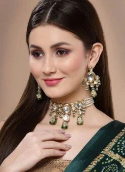 Green Kundan Designer Choker Set Party Wear -C Bazaar Shop green kundan designer choker set jydmf1851 b