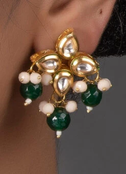 Green Kundan N Beads Stud Earrings Party Wear