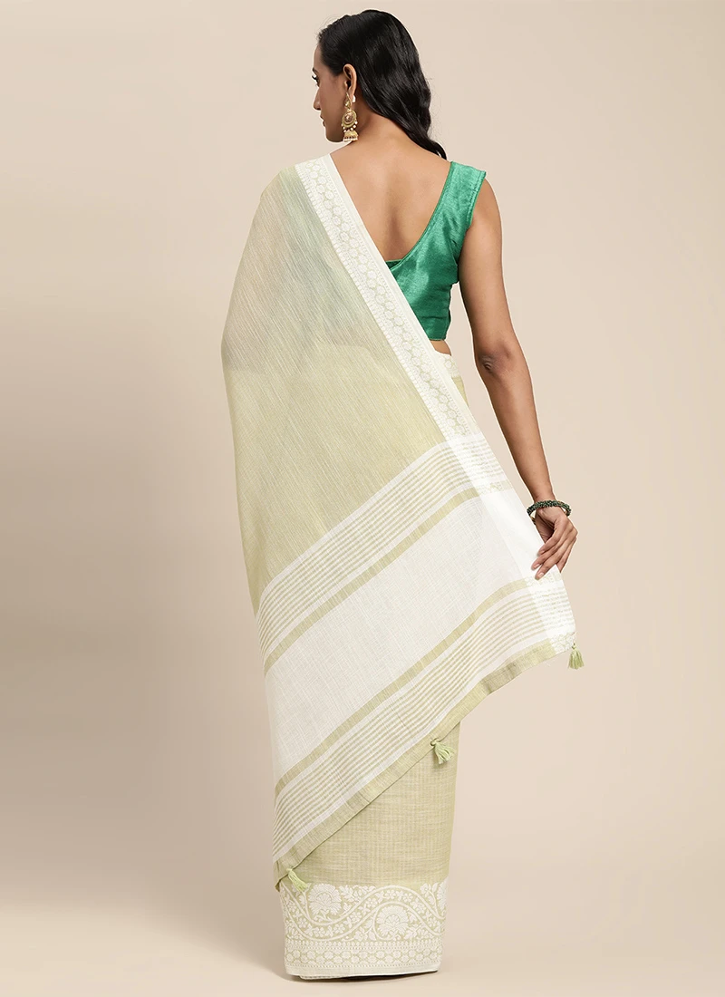 Green Linen Woven Zari Work Saree Festive Wear 4 Green Linen Woven Zari Work Saree Festive Wear - Image 4