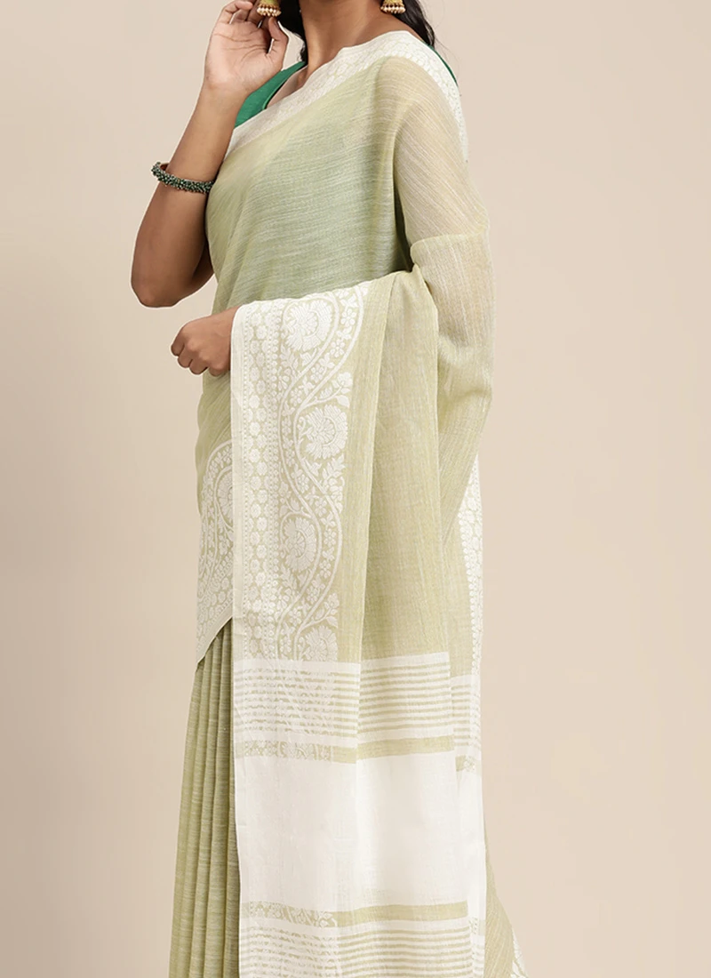 Green Linen Woven Zari Work Saree Festive Wear 1 Green Linen Woven Zari Work Saree Festive Wear