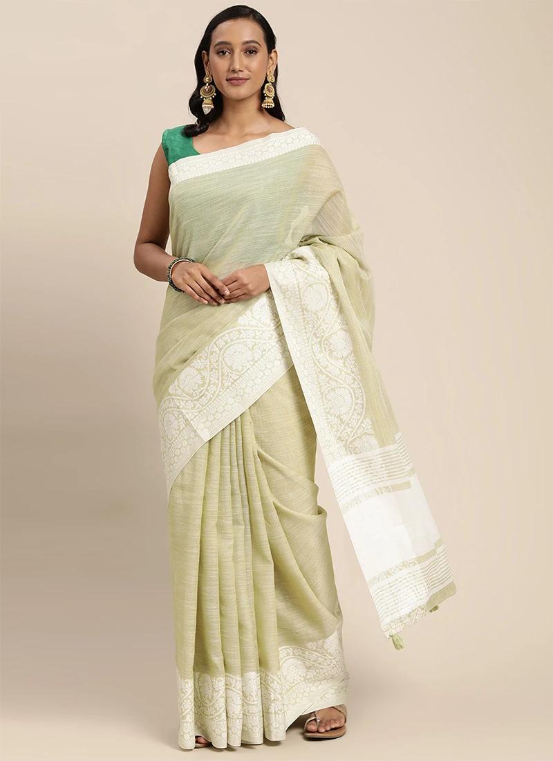 Green Linen Woven Zari Work Saree Festive Wear 3 Green Linen Woven Zari Work Saree Festive Wear - Image 3