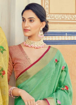 Green Linen Zari Work Saree Festive Wear -C Bazaar Shop green linen zari work saree sassgsus1003 b