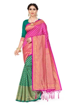 Green N Pink Banarasi Silk Zari Work Saree Festive Wear -C Bazaar Shop green n pink banarasi silk zari work saree sasstsktknsk8078g u