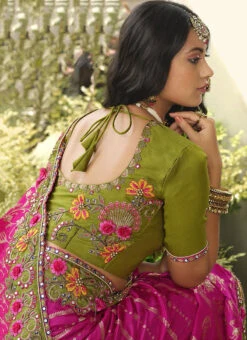 Green N Pink Silk Zari Embroidery Work Half N Half Saree Party Wear -C Bazaar Shop green n pink silk zari embroidery work half n half saree samkns102214053 b