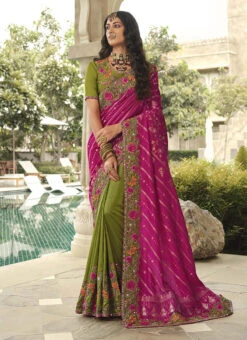 Green N Pink Silk Zari Embroidery Work Half N Half Saree Party Wear -C Bazaar Shop green n pink silk zari embroidery work half n half saree samkns102214053 u