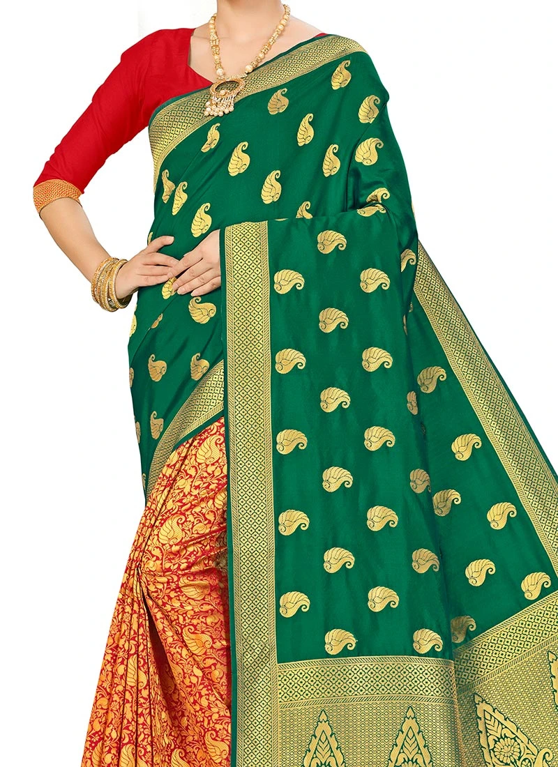 Green N Red Banarasi Silk Zari Work Saree Festive Wear 1 Green N Red Banarasi Silk Zari Work Saree Festive Wear