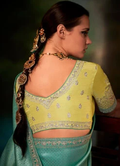 Green N Yellow Silk Jacquard Embroidery Half N Half Saree Festive Wear -C Bazaar Shop green n yellow silk jacquard embroidery half n half saree sasli18575252 b