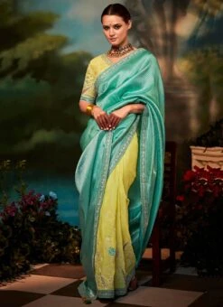 Green N Yellow Silk Jacquard Embroidery Half N Half Saree Festive Wear -C Bazaar Shop green n yellow silk jacquard embroidery half n half saree sasli18575252 u